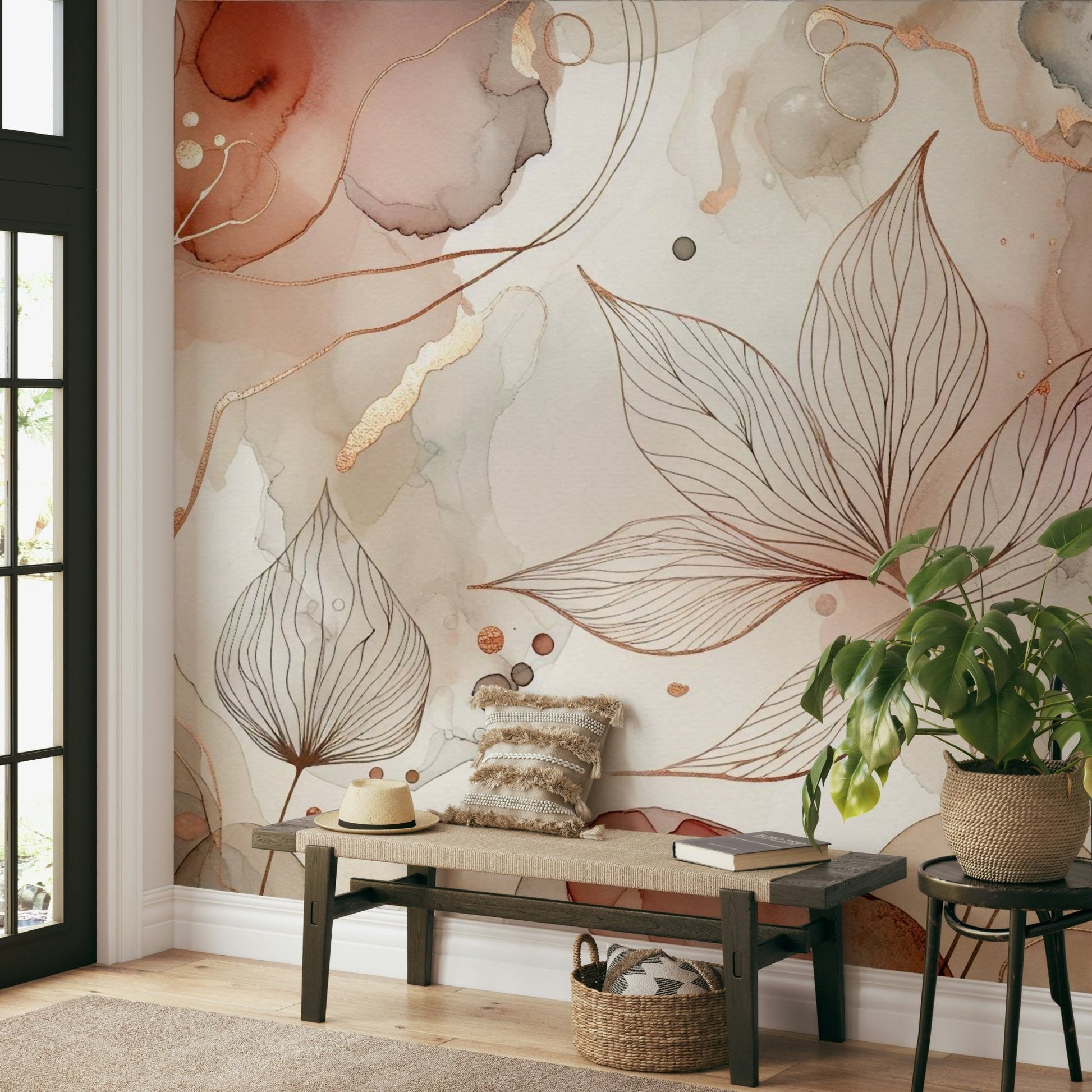 Dreamy botanical wall mural with blush tones

