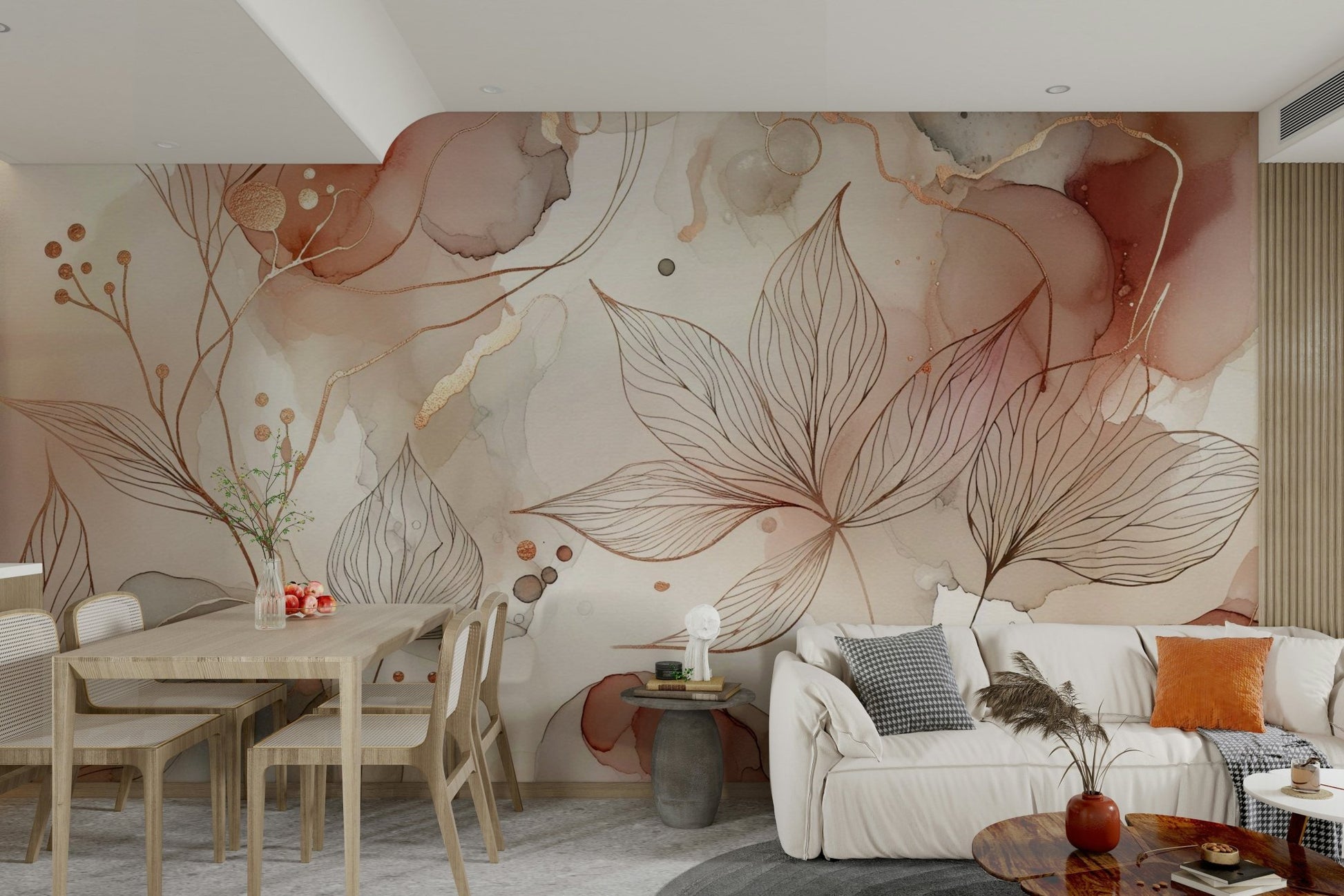 Serene botanical mural with pink hues for walls

