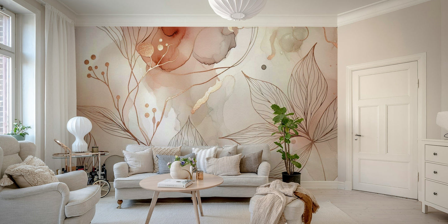 Floral wall mural with blush pink accents

