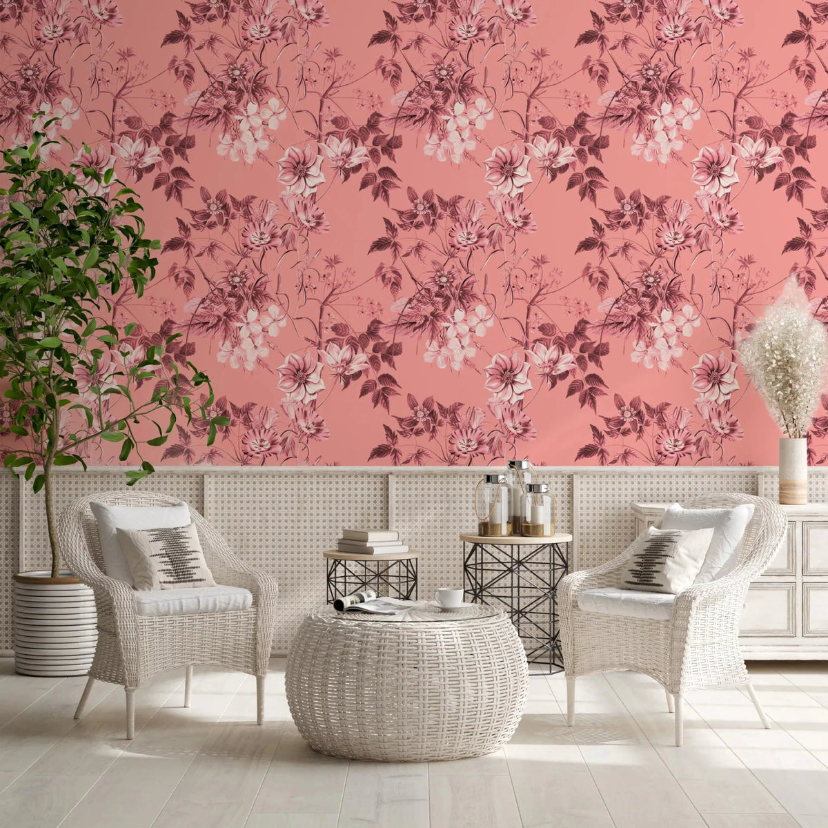 Blushing Flower wallpaper with sketch blooms on a warm blush background, GD9368