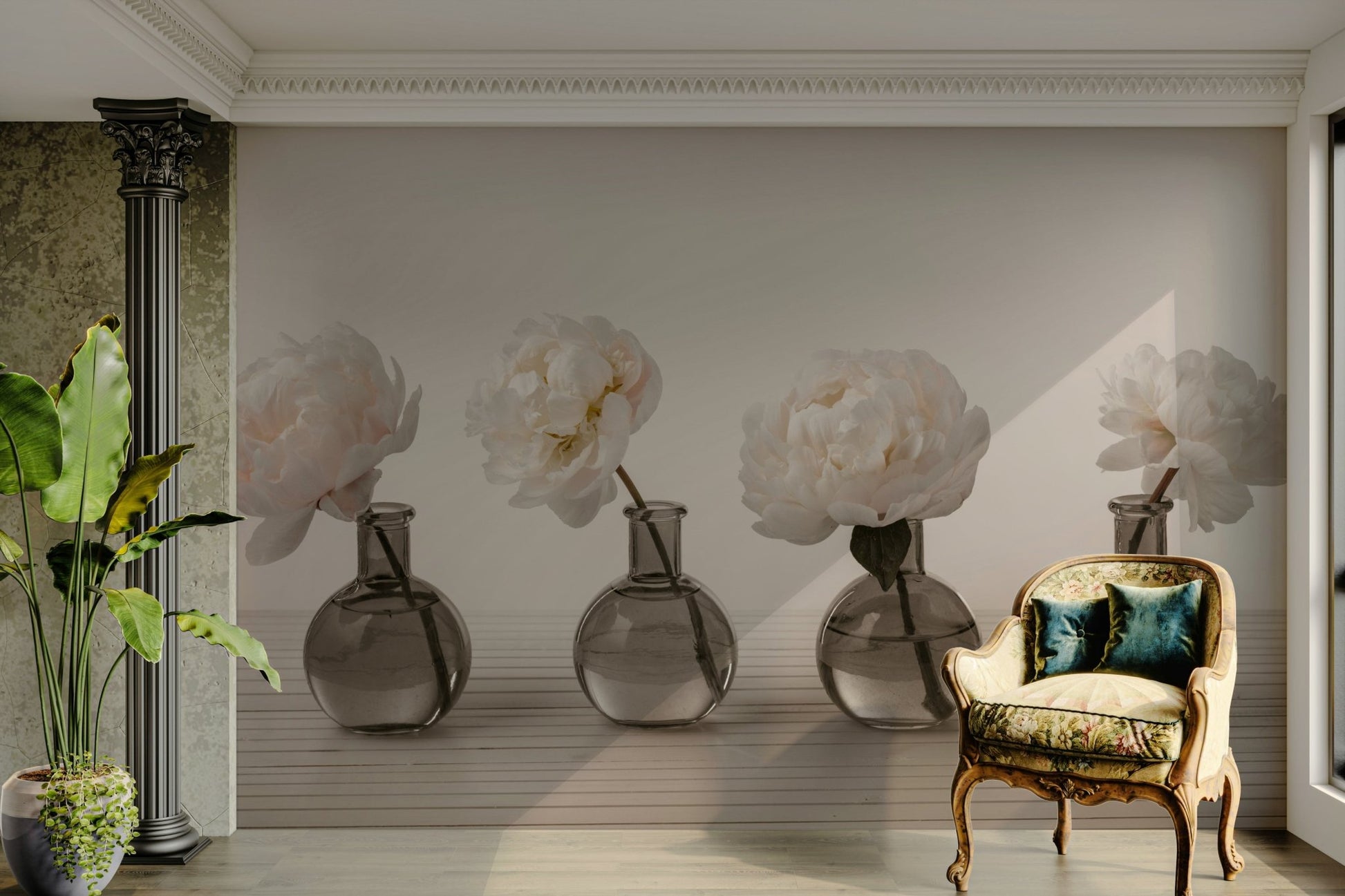 The vases are arranged in a row on a light wood surface.

