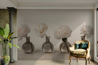 The vases are arranged in a row on a light wood surface.

