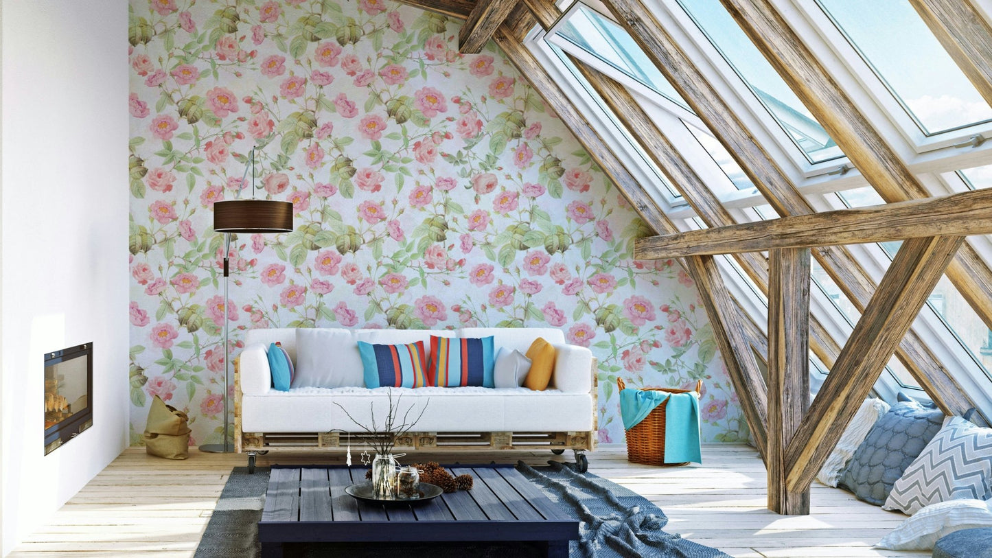 Beautiful blushing roses wallpaper for bedroom decor.

