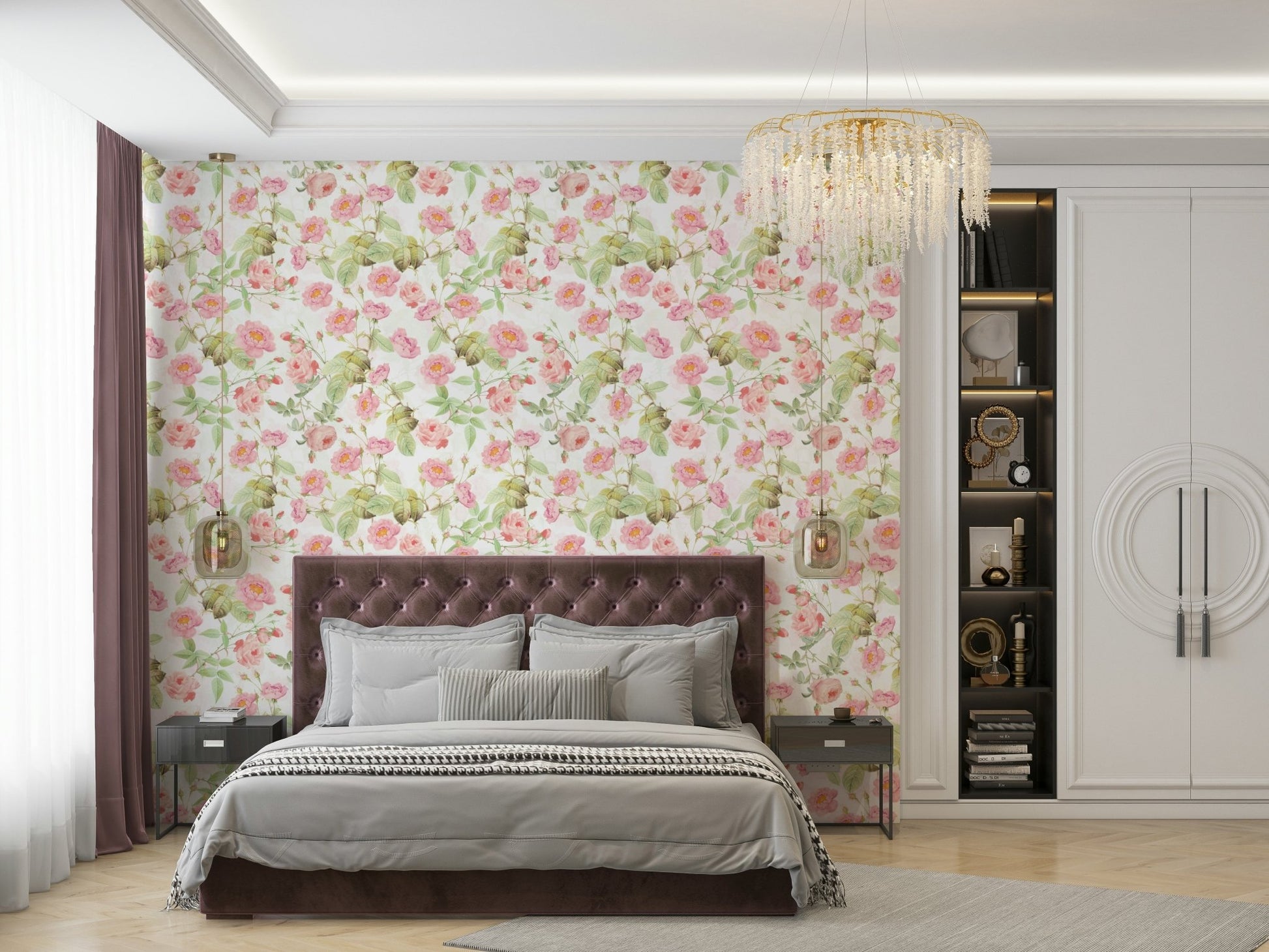 Soft pink and white roses on elegant wallpaper.

