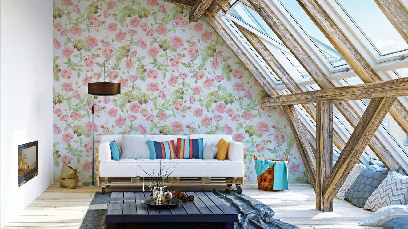 Beautiful blushing roses wallpaper for bedroom decor.

