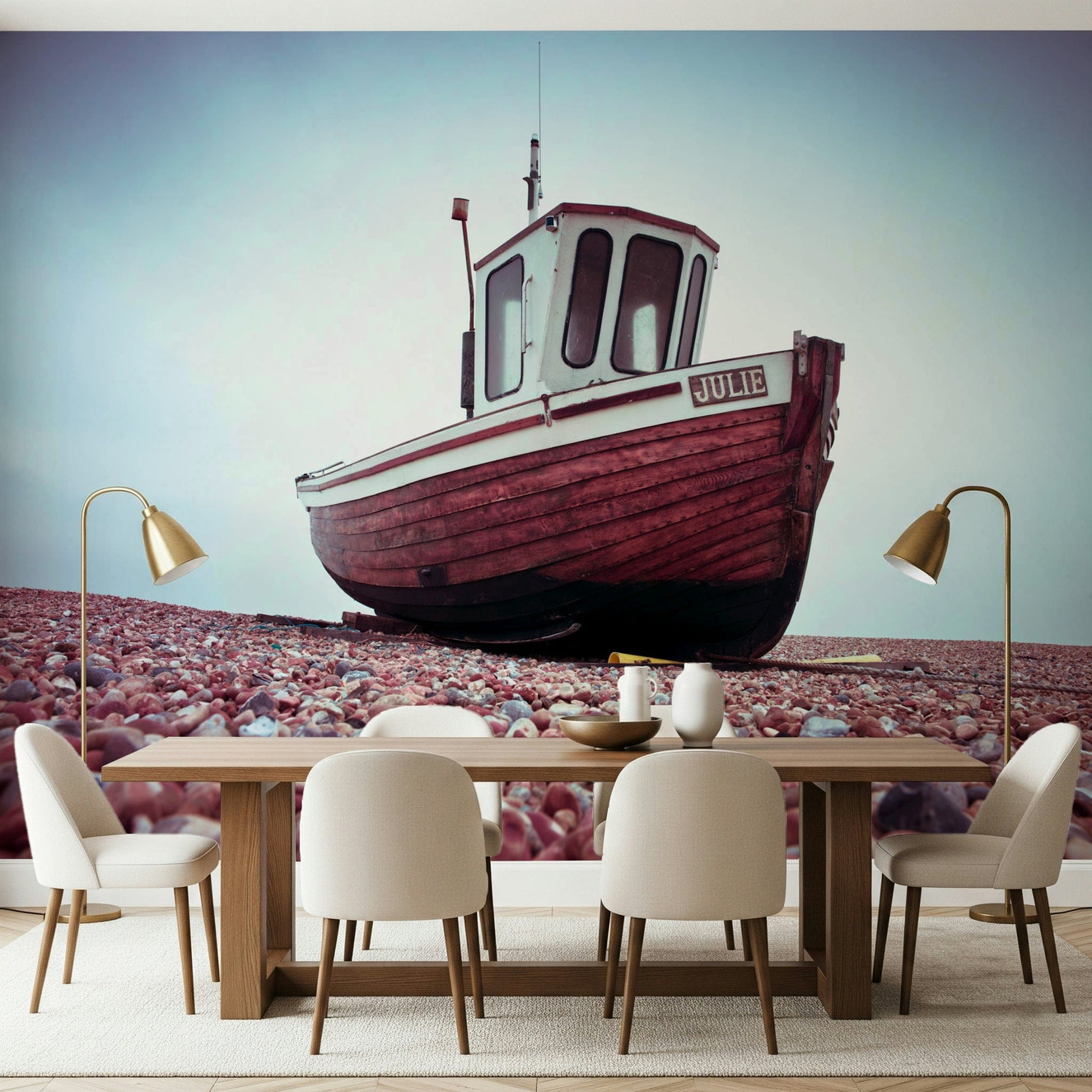 Solitary ship Boat Resting on Pebbled Strand stone beach pattern wallpaper.