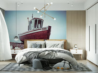 Low angle photo Boat Resting on Pebbled Strand deep reddish brown boat mural.