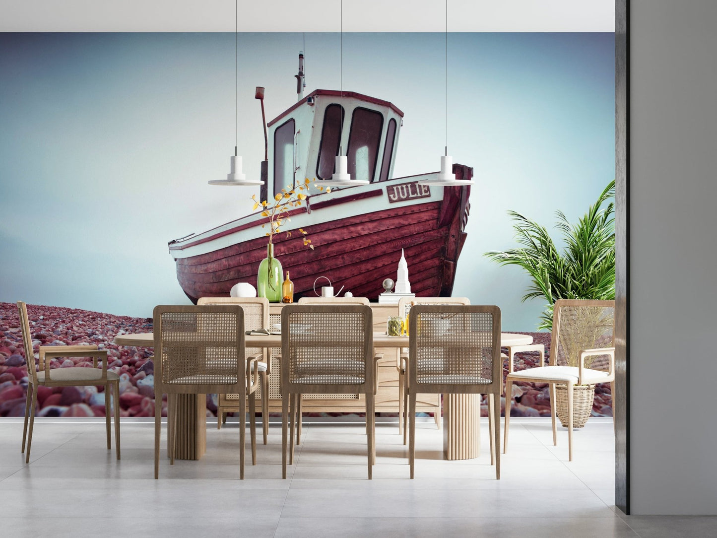 Coastal harbor artwork Boat Resting on Pebbled Strand durable wallpaper material.