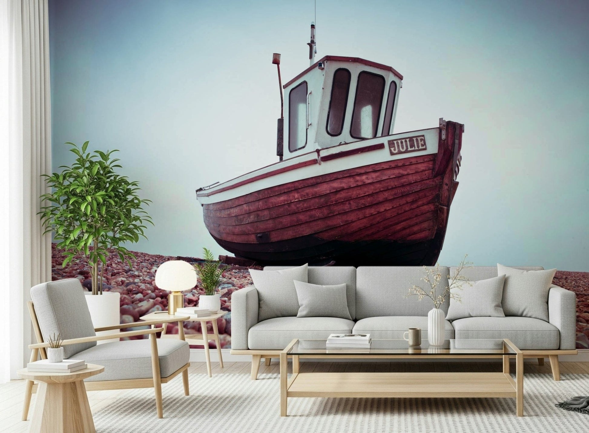 Seaside scene Boat Resting on Pebbled Strand nautical theme wallpaper for walls.
