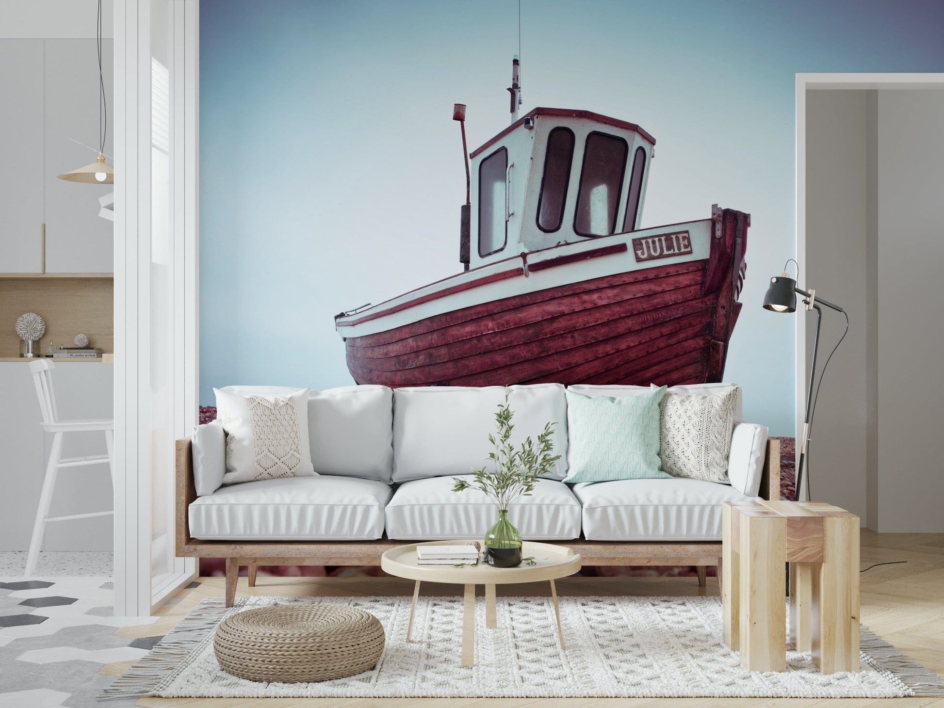Cabin cruiser named 'Julie' Boat Resting on Pebbled Strand vinyl wallpaper.