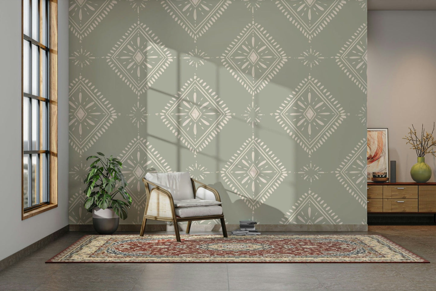 Wallcovering featuring boho diamond motifs

