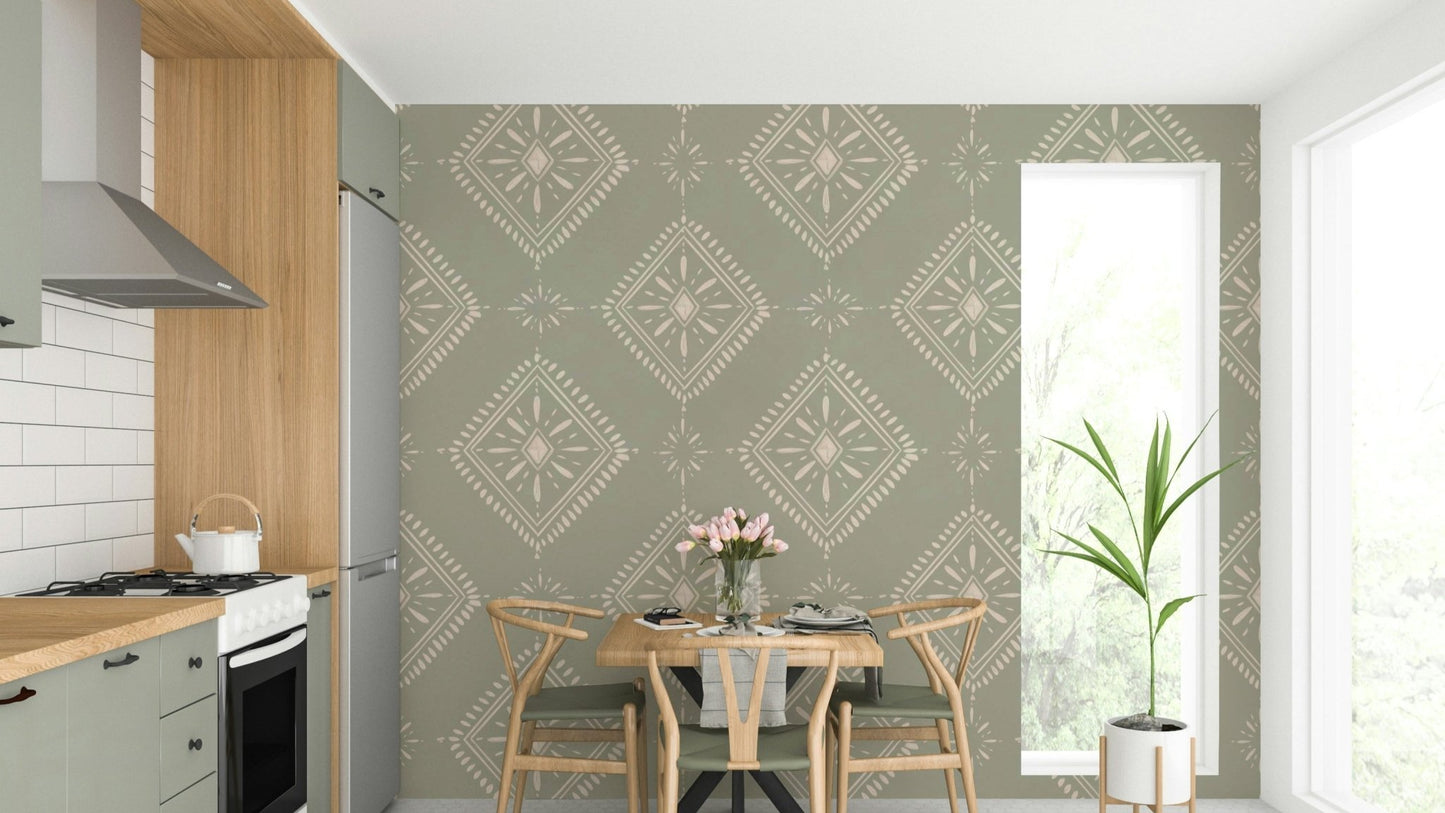 Living room wall with warm diamond wallpaper

