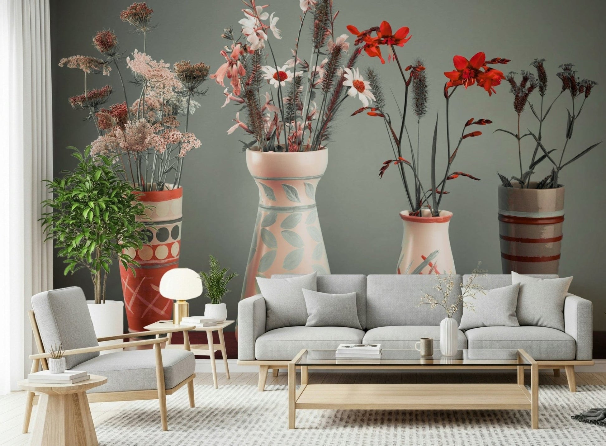Four beautiful vases Bohemian Floral Collection Wall Mural, elegant artistic wall art.
