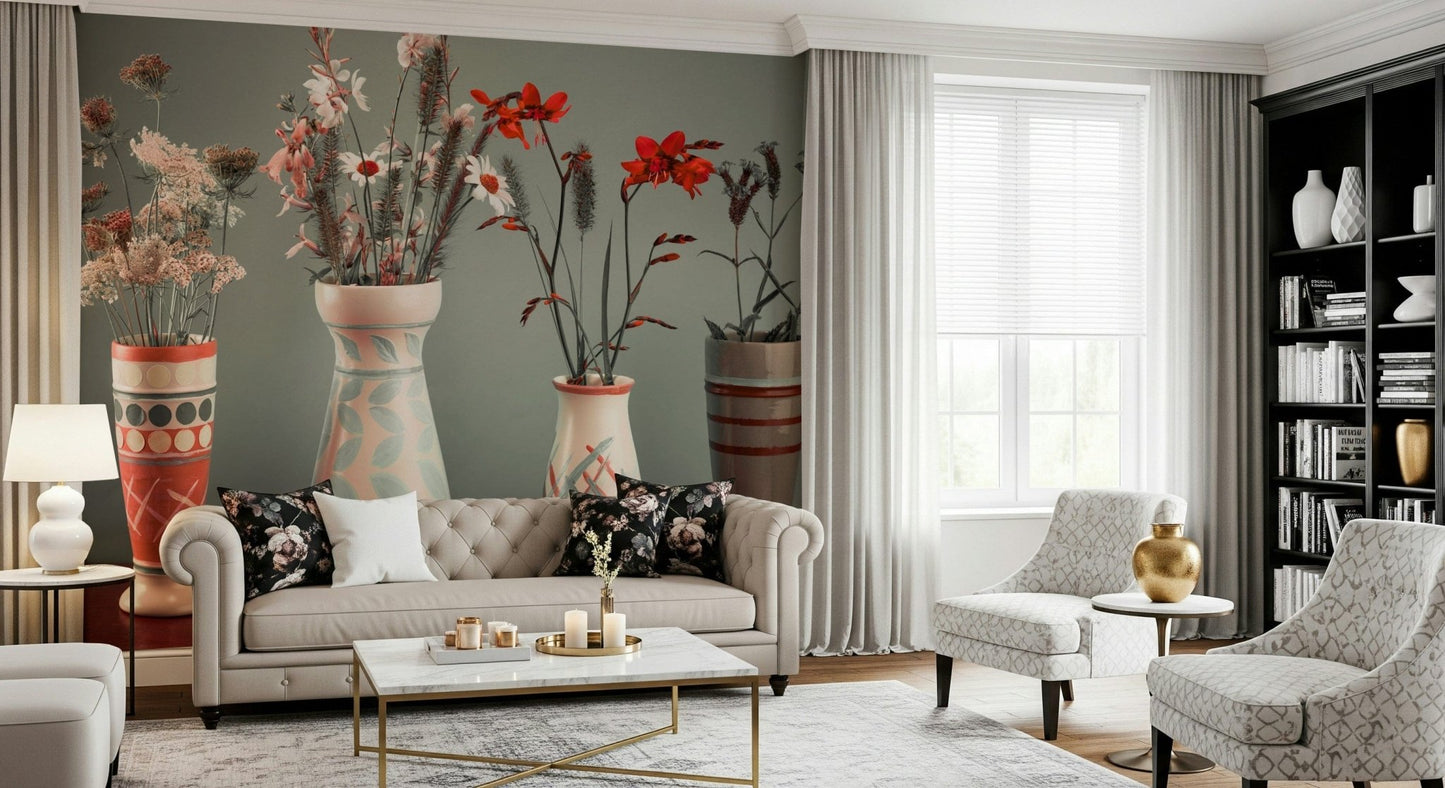 Painted ceramic pots Bohemian Floral Collection abstract floral wall mural.