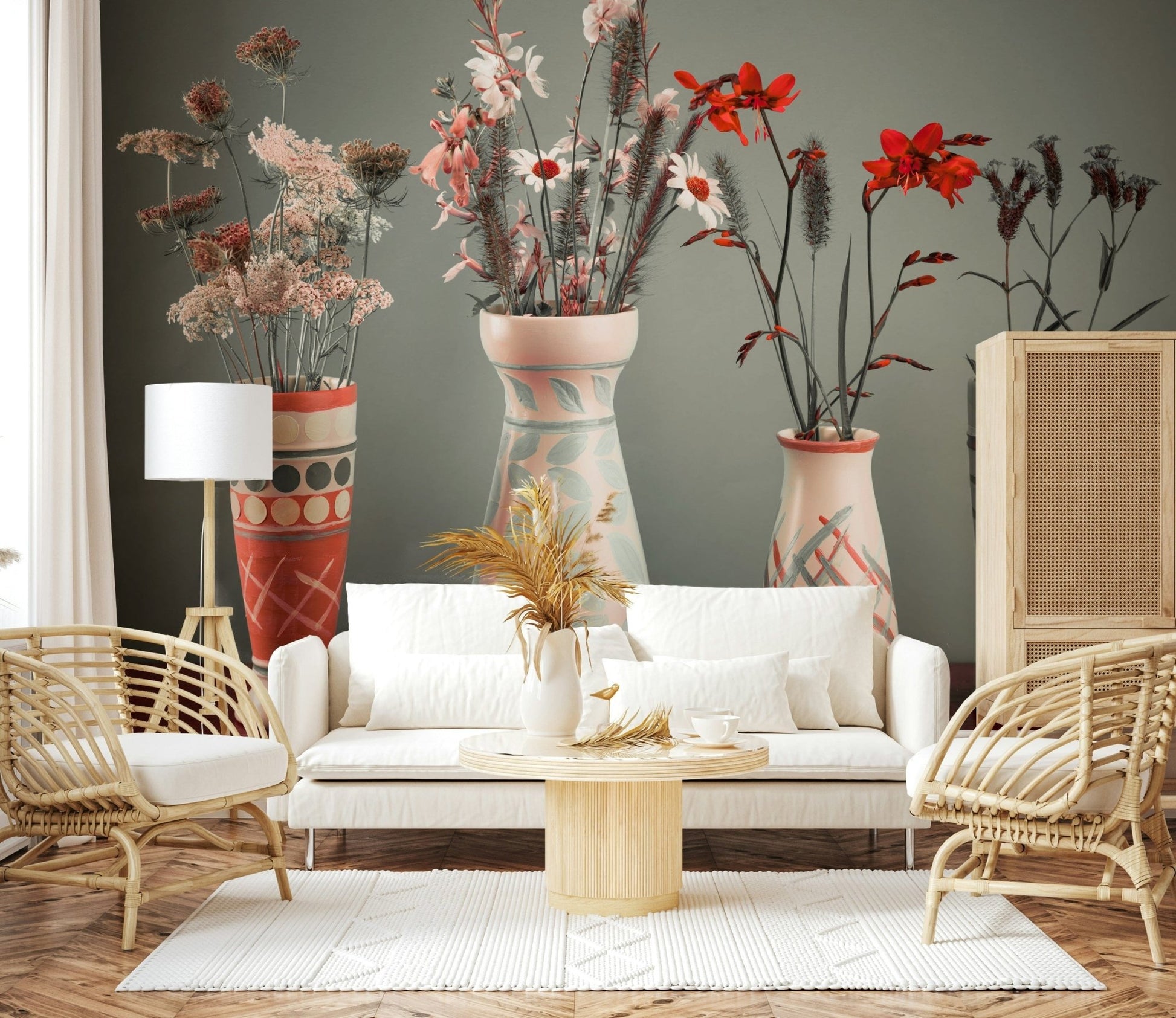 Retro flower display Bohemian Floral Collection Wall Mural, stunning accent wall.