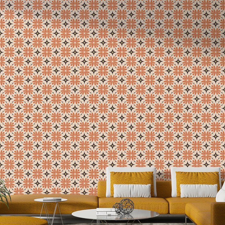 Organic tile design wallpaper in vibrant orange

