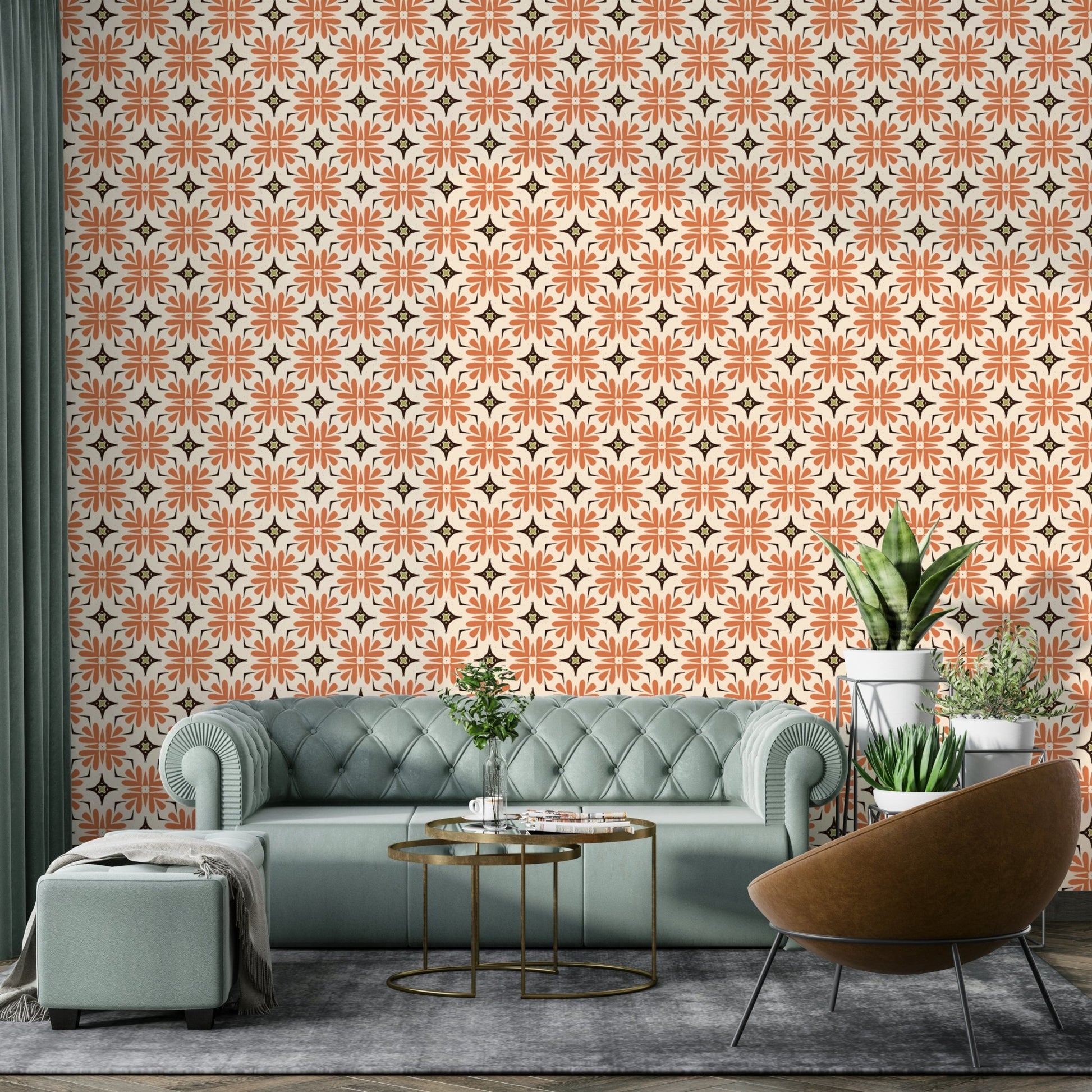 Bold orange boho tile pattern wallpaper for walls

