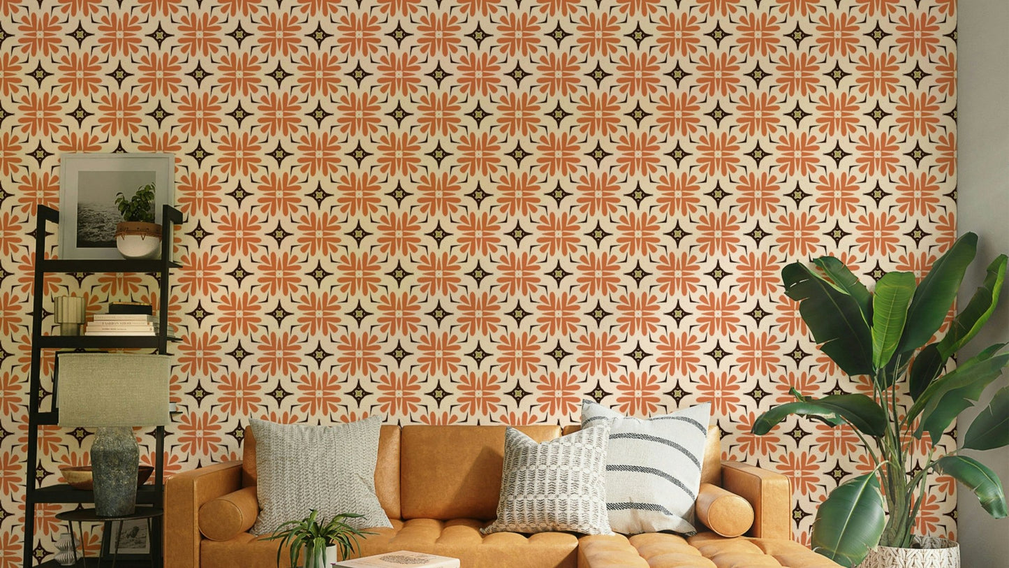 Artistic bohemian orange tile wall design wallpaper

