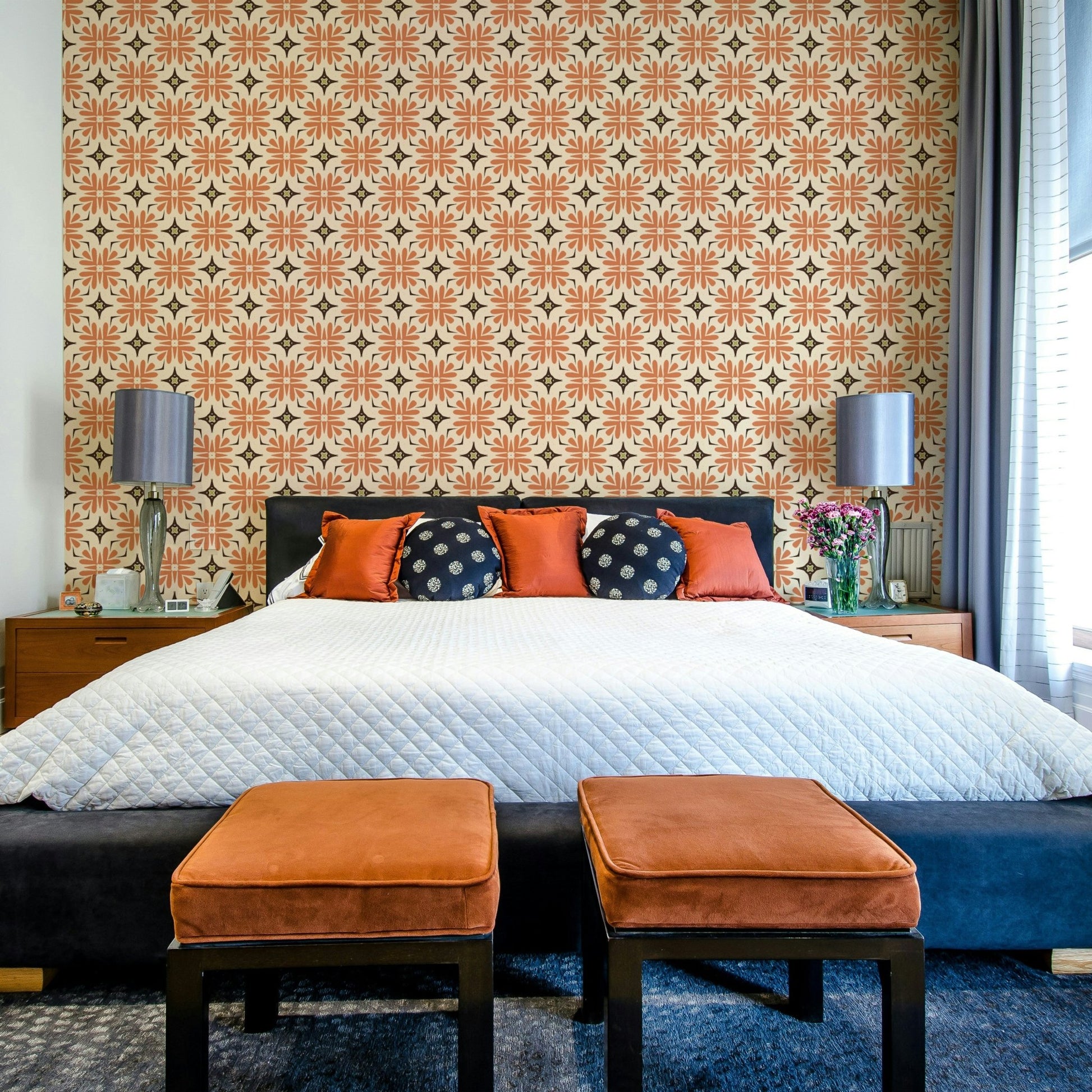 Orange bohemian tile wallpaper for modern interiors

