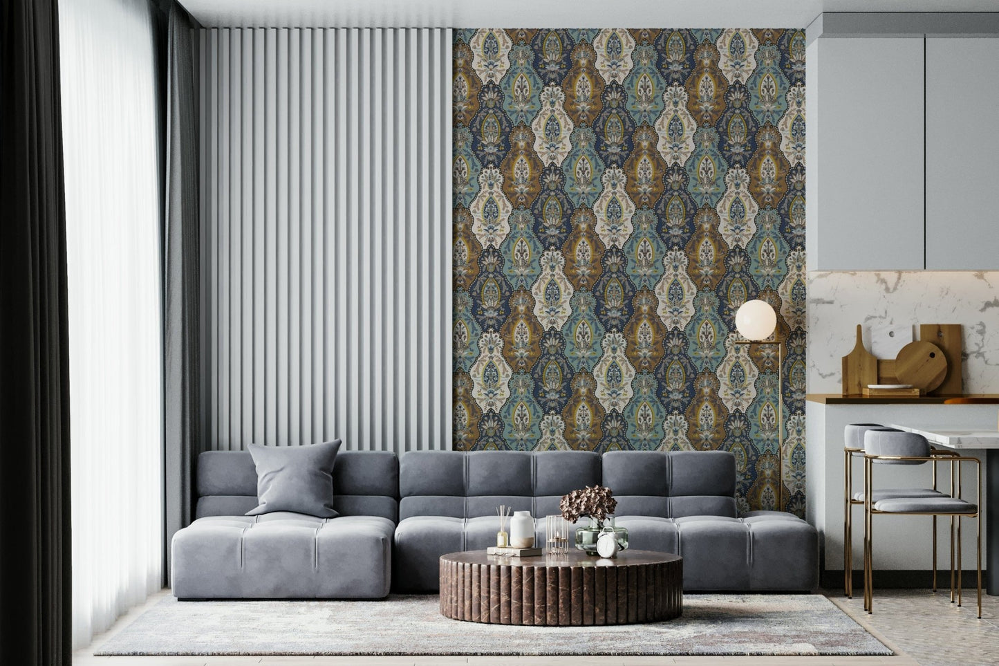 Ornate wall mural with Bohemian Paisley patterns and curving designs.