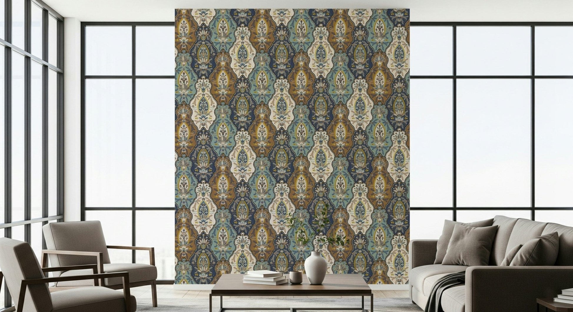 Brown, blue, and cream Bohemian Paisley peel and stick wallpaper design.
