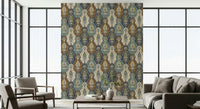 Brown, blue, and cream Bohemian Paisley peel and stick wallpaper design.