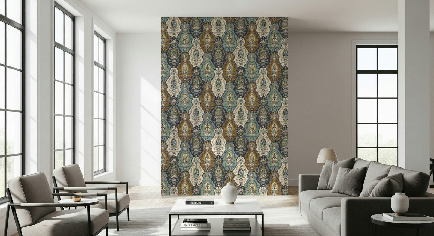 Elegant, complex Bohemian Paisley wallpaper mural, a statement piece.
