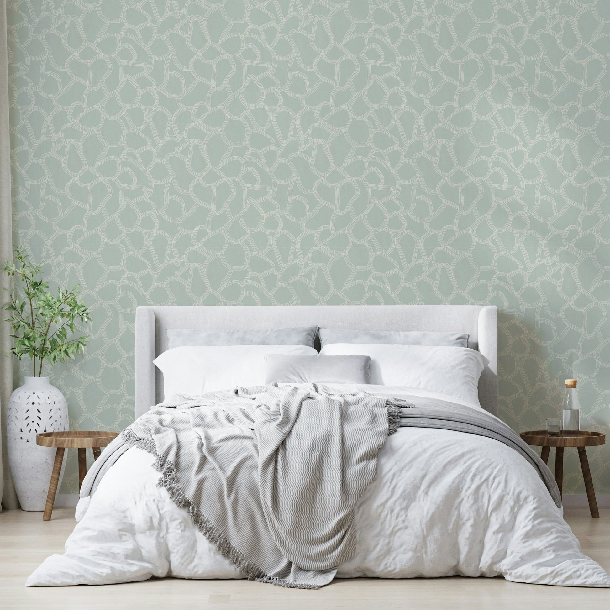 Cream and green boho wallpaper with arches

