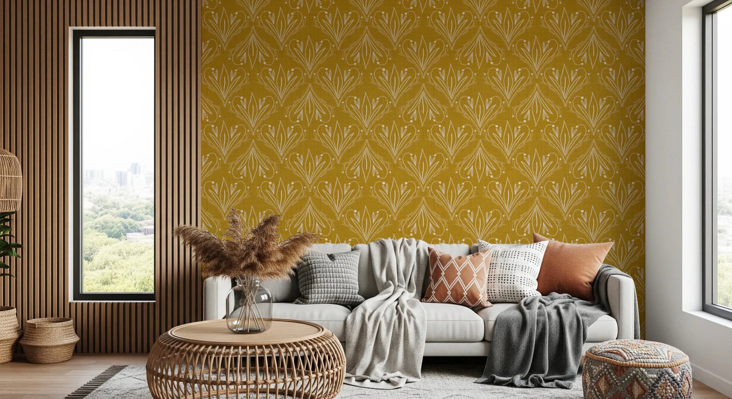 Contemporary seating zone with mustard gold patterned wallpaper and light tones
