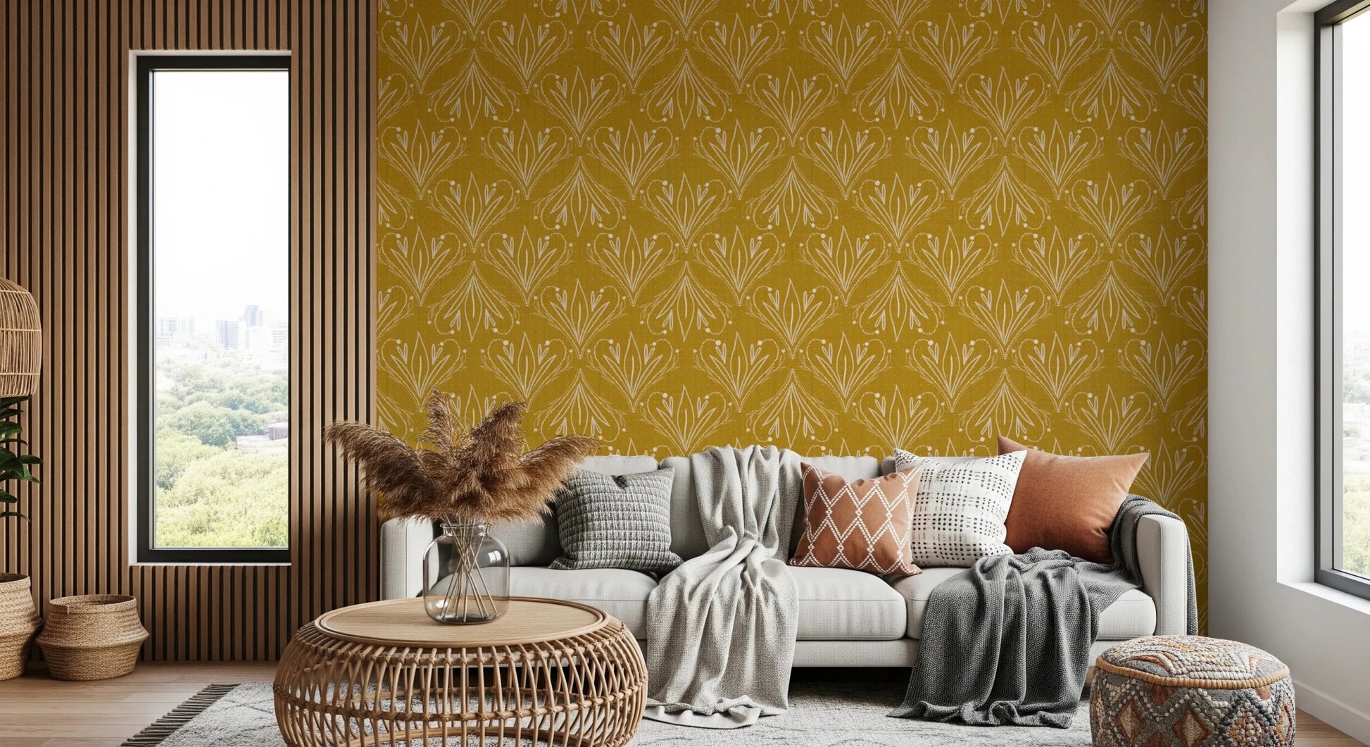 Contemporary seating zone with mustard gold patterned wallpaper and light tones