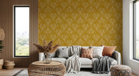 Contemporary seating zone with mustard gold patterned wallpaper and light tones
