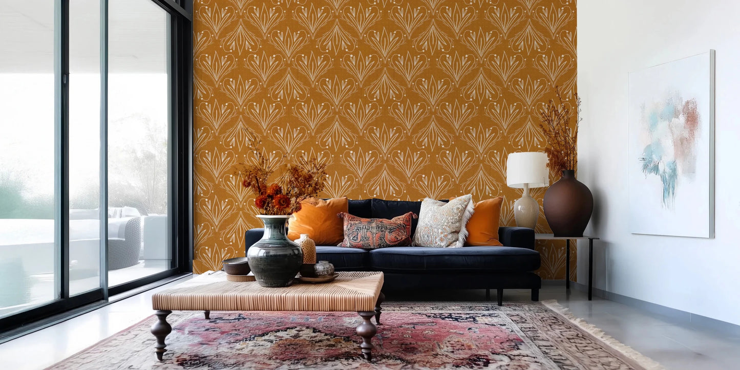 Minimal seating area styled with mustard gold floral wallpaper and clean design
