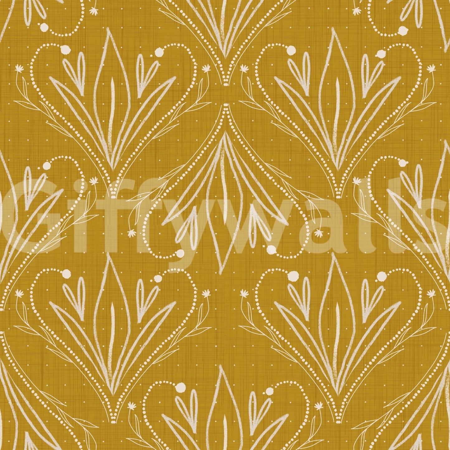 Artistic mustard gold Boho floral wallpaper with fine line botanical detailing
