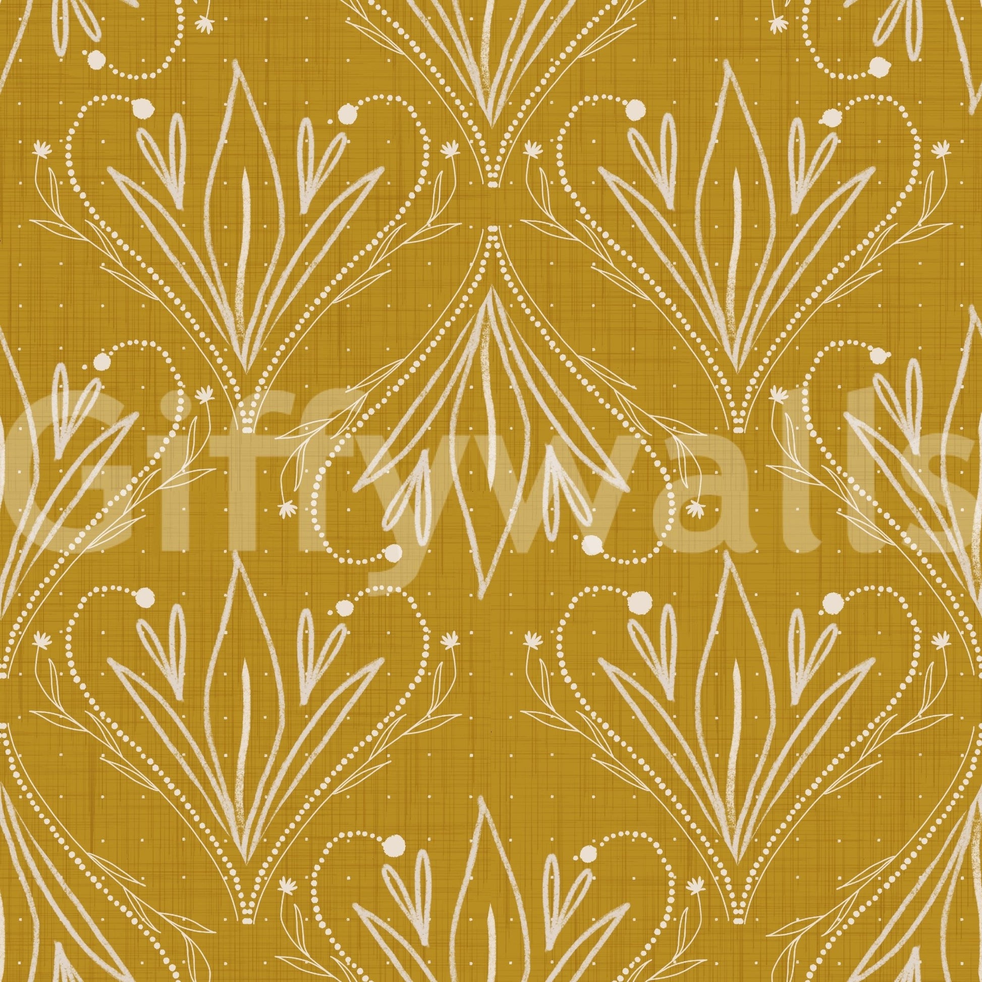 Artistic mustard gold Boho floral wallpaper with fine line botanical detailing