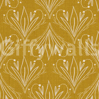 Artistic mustard gold Boho floral wallpaper with fine line botanical detailing