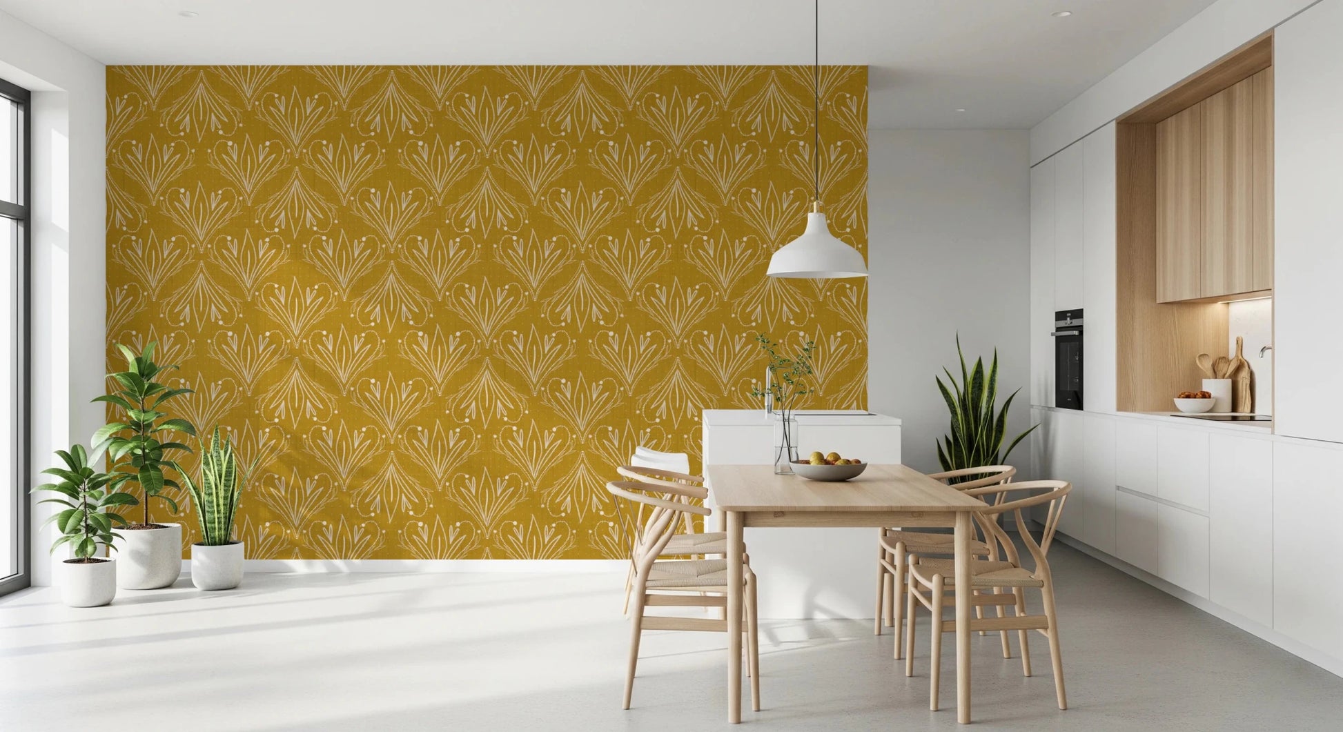 Minimal interior styled with mustard gold floral wallpaper and clean decor accents