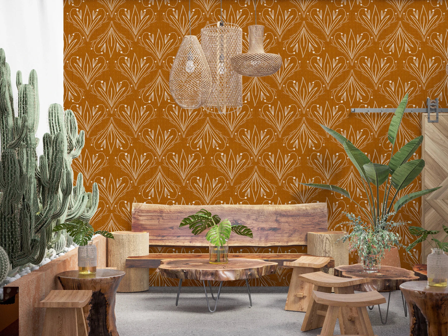 Modern living space with mustard gold patterned wallpaper and bright open layout