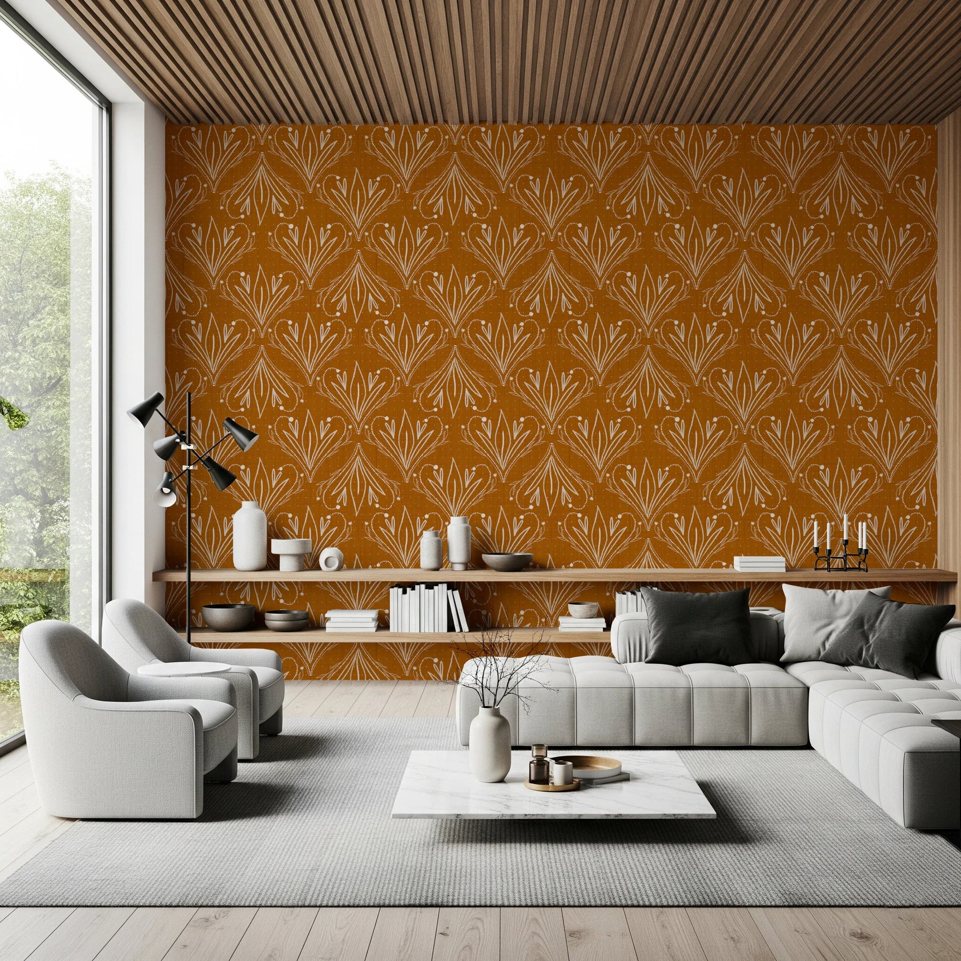 Relaxed interior styled with mustard gold patterned wallpaper and modern furniture