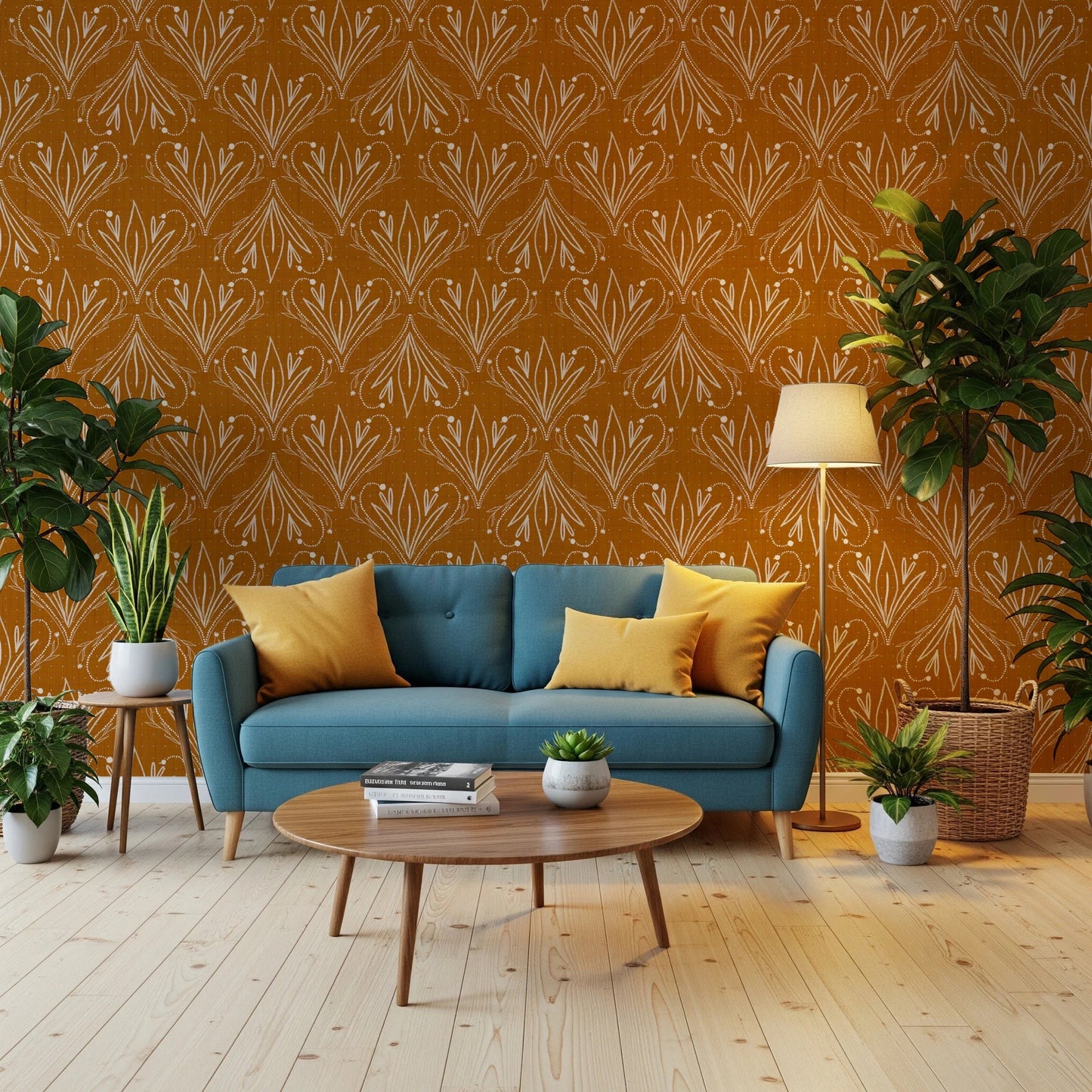 Cozy lounge interior with mustard gold botanical wallpaper and warm decor accents