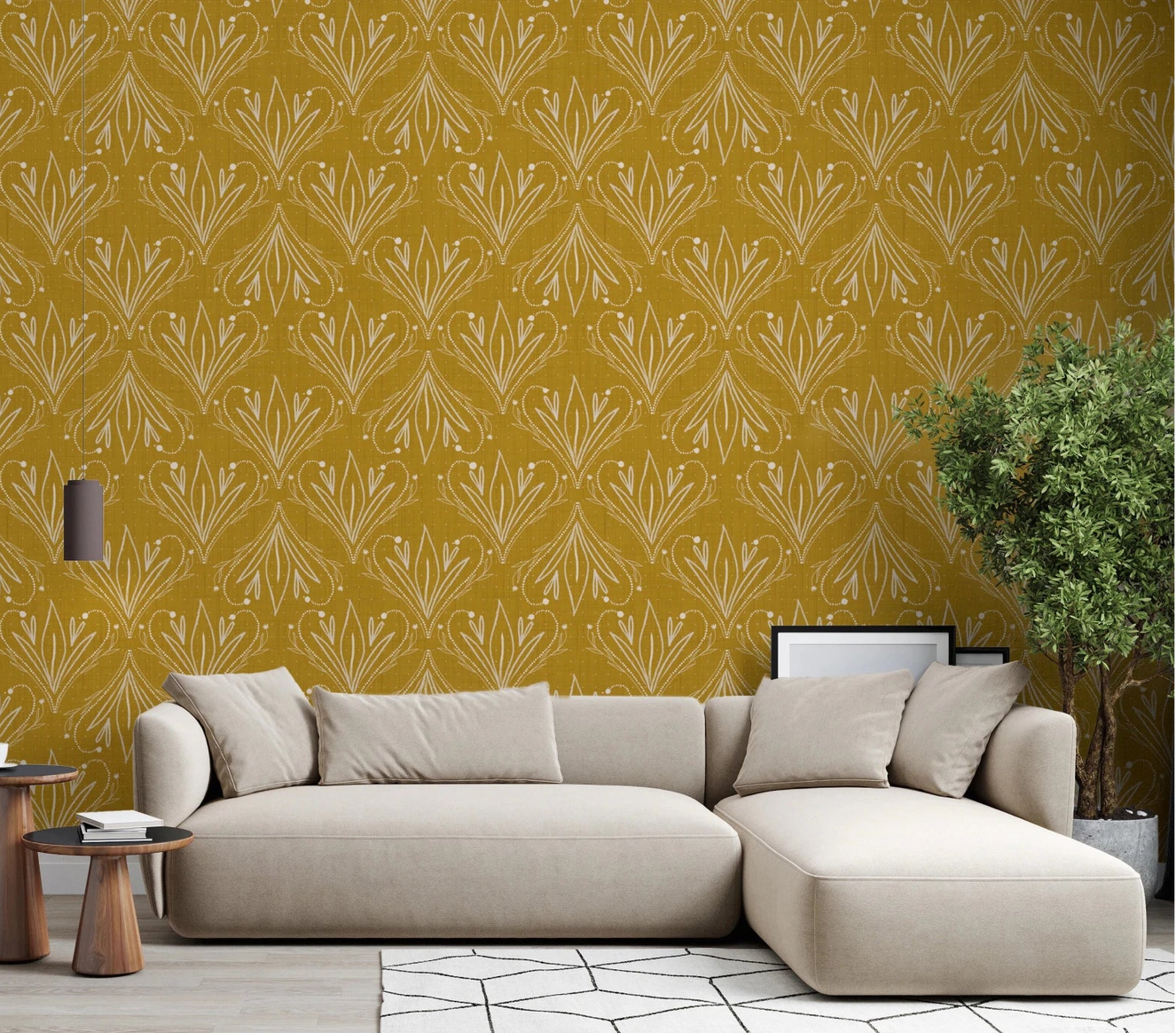 Living room styled with mustard gold folk floral wallpaper and soft neutral sofa
