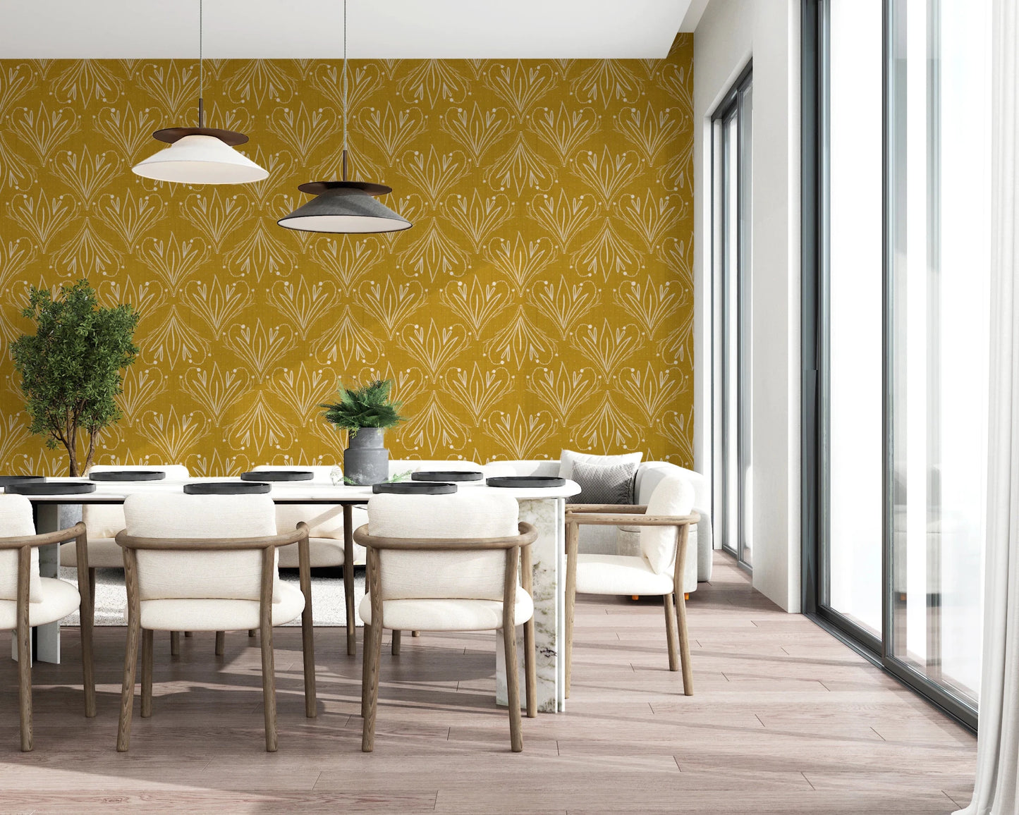 Open dining area with mustard gold patterned wallpaper and bright interior feel
