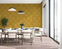 Open dining area with mustard gold patterned wallpaper and bright interior feel