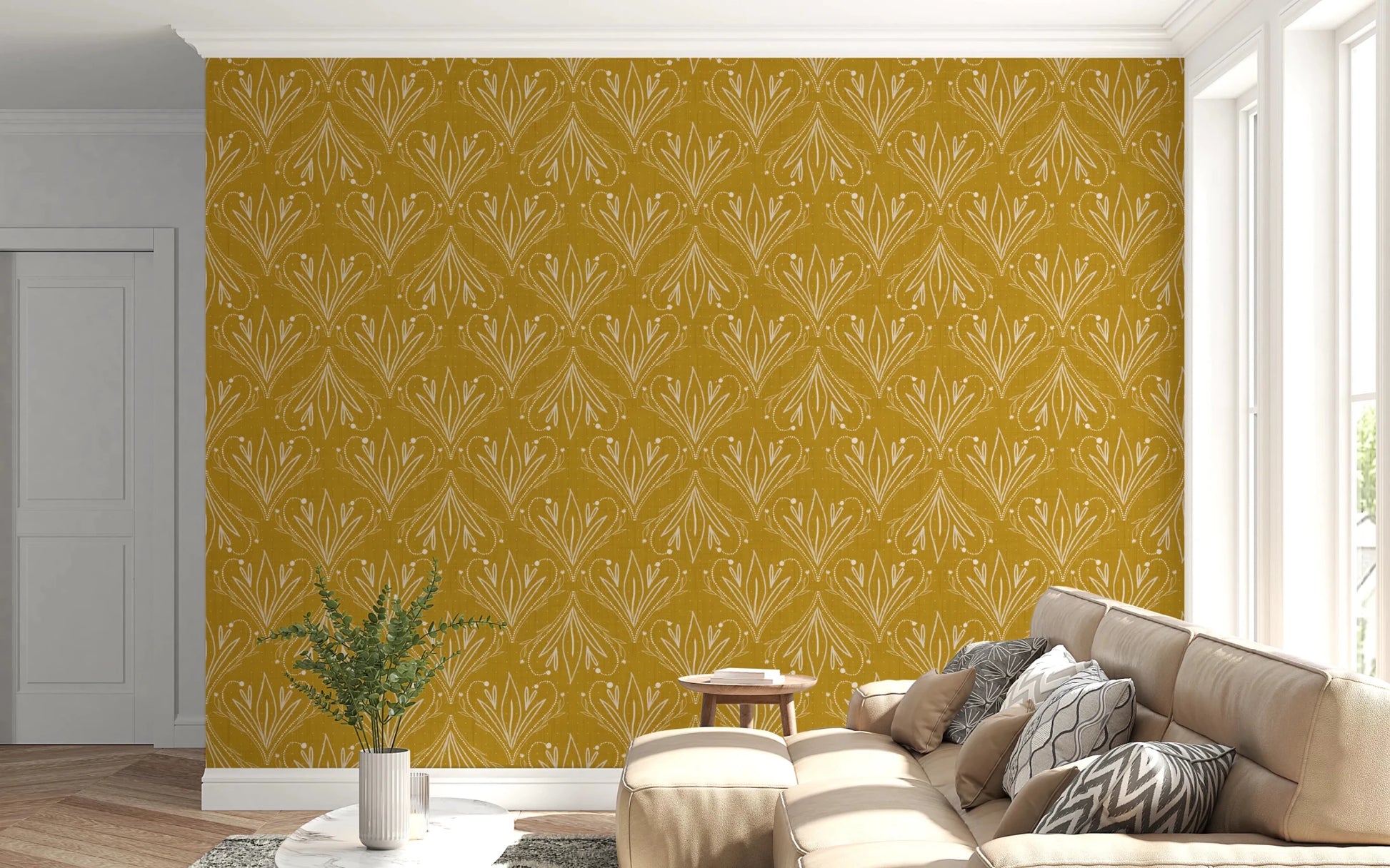 Cozy living area enhanced by mustard gold botanical wallpaper and warm textures
