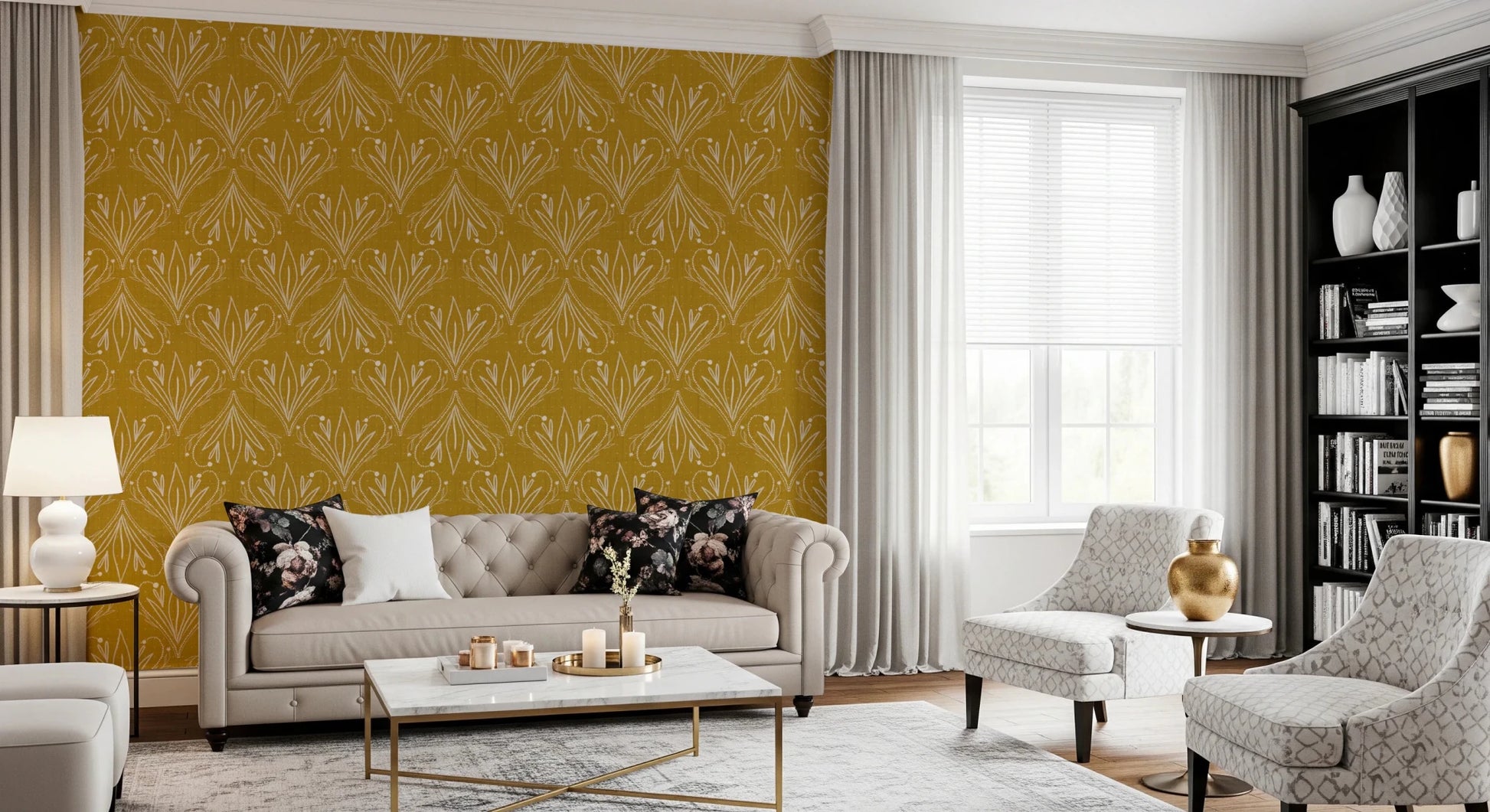 Relaxed lounge setup with mustard gold folk floral wallpaper and modern seating