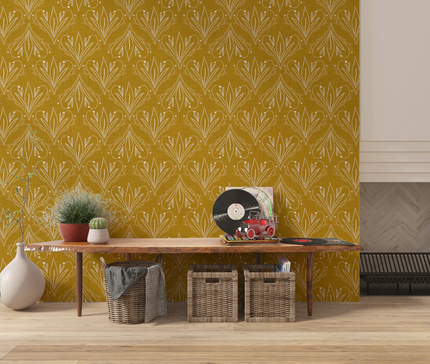 Mustard gold Boho folk floral wallpaper featuring delicate botanical line pattern
