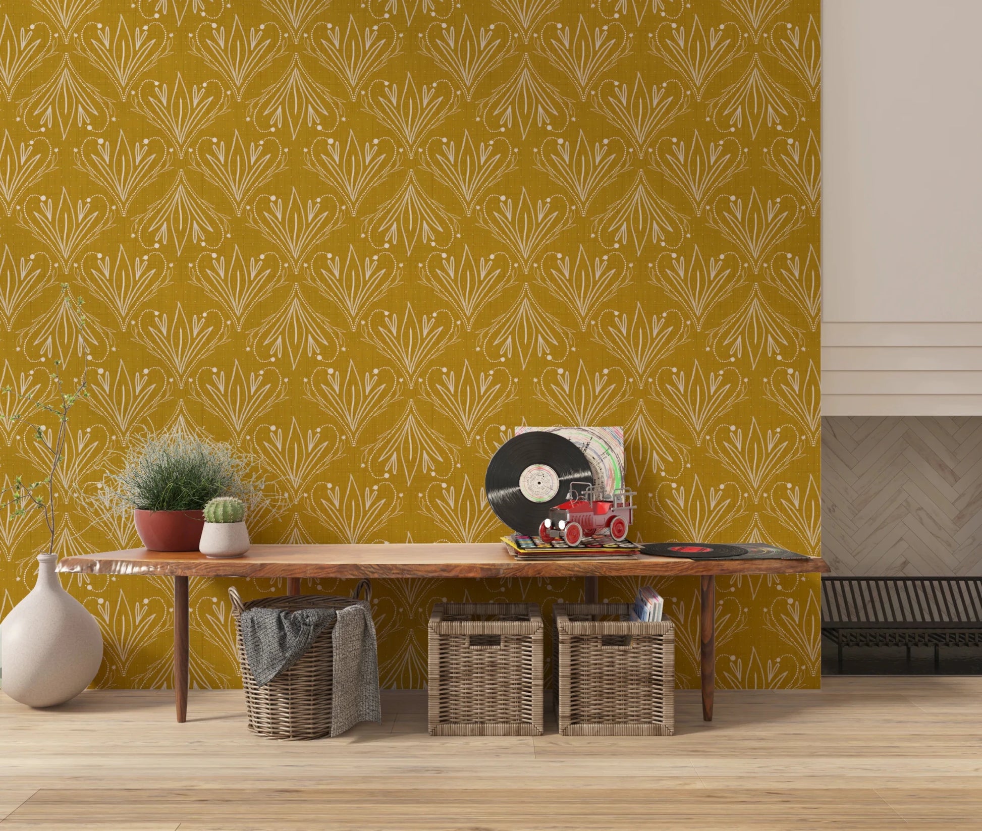 Mustard gold Boho folk floral wallpaper featuring delicate botanical line pattern