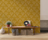 Mustard gold Boho folk floral wallpaper featuring delicate botanical line pattern