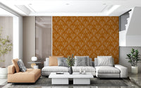Contemporary room with mustard gold botanical wallpaper and balanced interiors