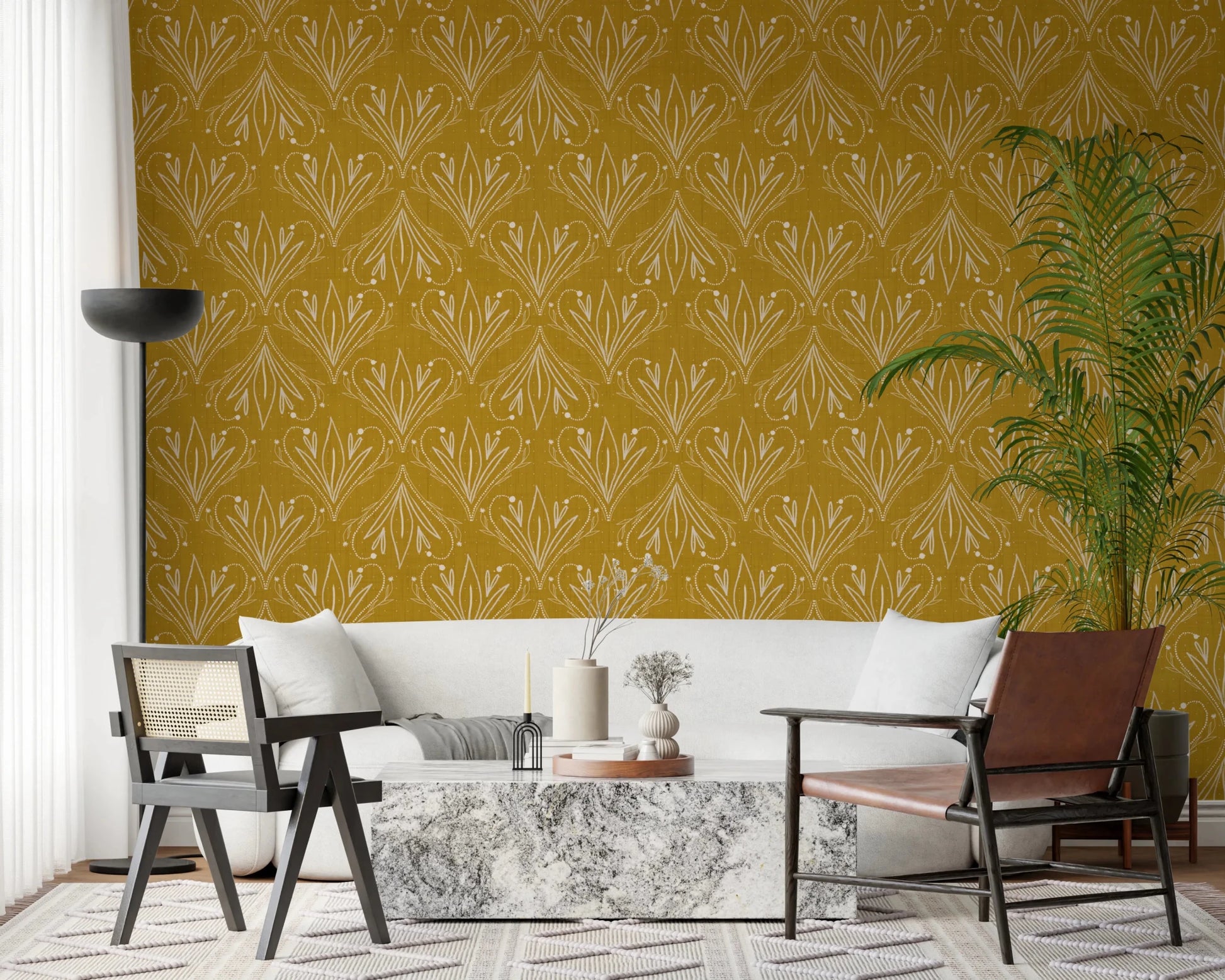 Stylish interior corner with mustard gold floral wallpaper and wooden furniture