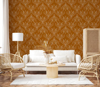 Living room setup featuring mustard gold floral wallpaper with soft neutral sofa
